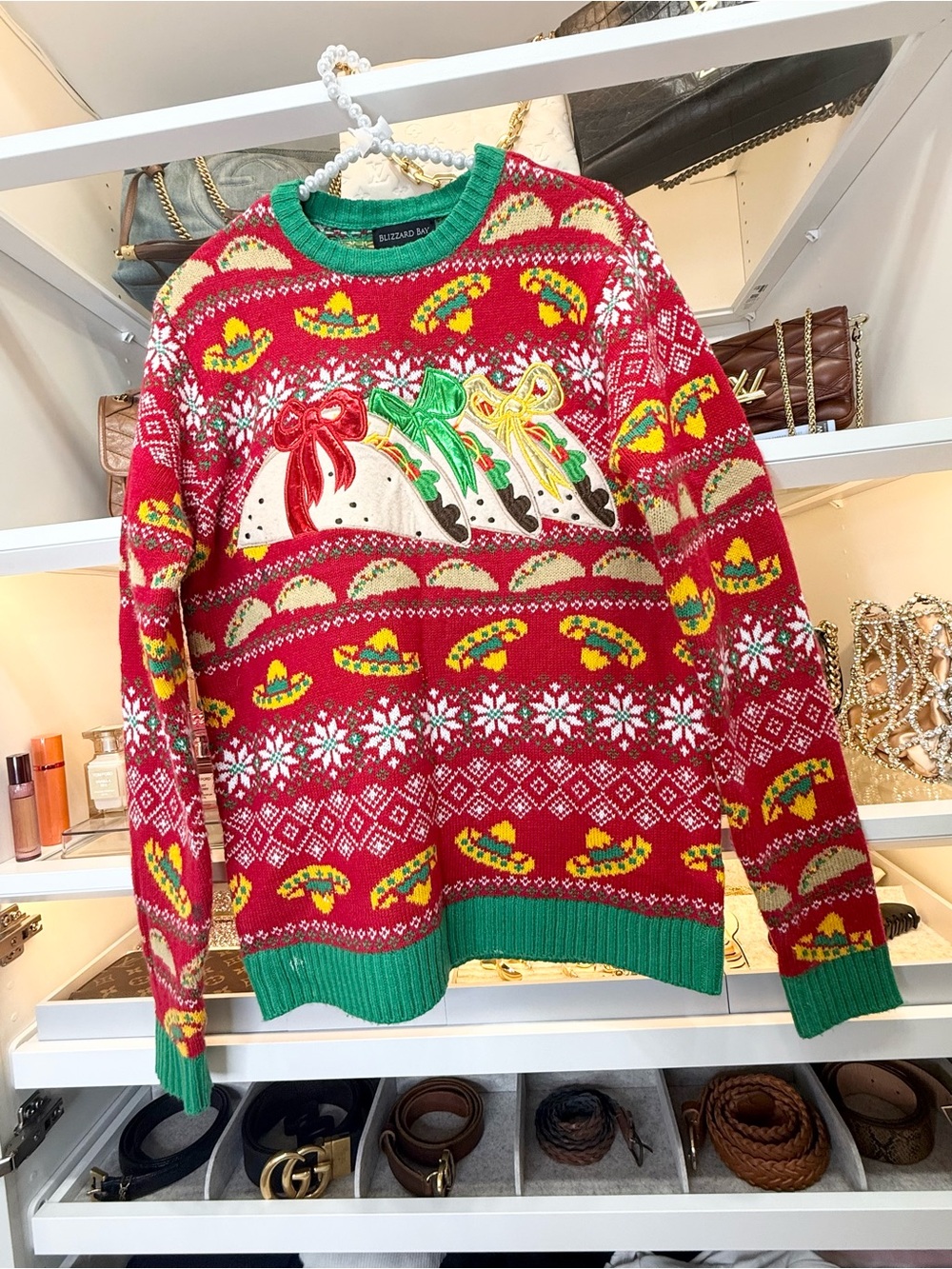Festive Red Taco Ugly Christmas Sweater with Green Trim Size S